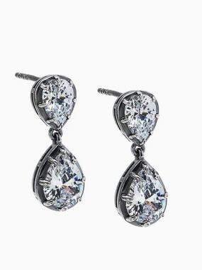 Adina Eden Silver Double Pear CZ Drop Stud Earrings NEW